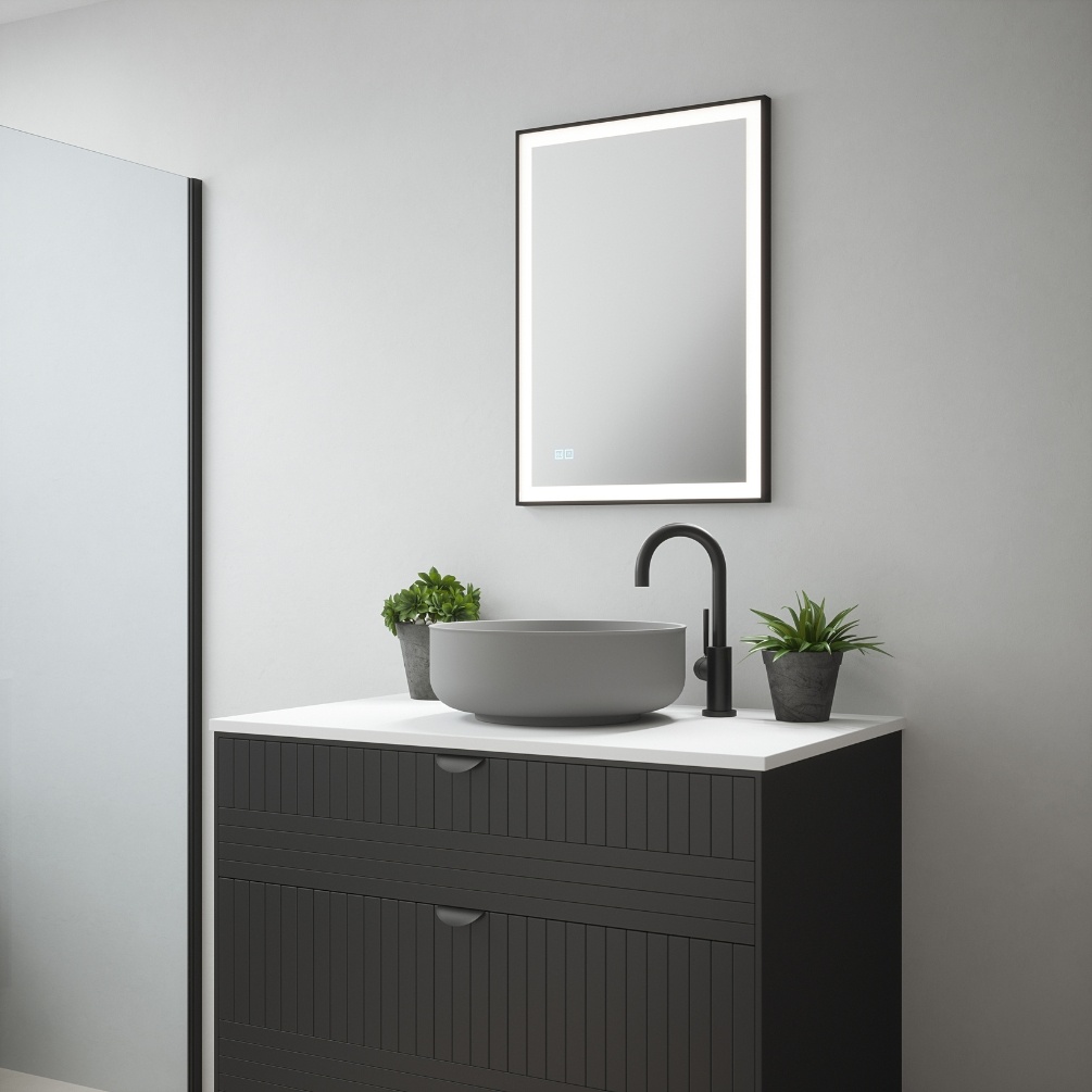 Product Lifestyle image of the Milton Matt Black Rectangular LED Mirror installed in portrait